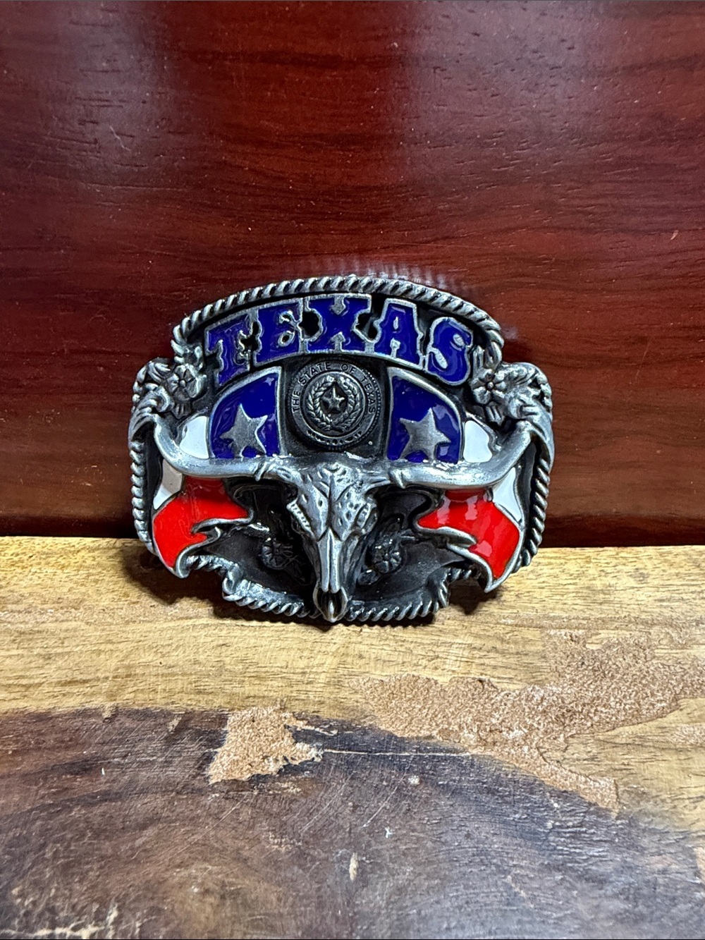 Texas Longhorn Western Belt Buckle - Blue & Red Enamel